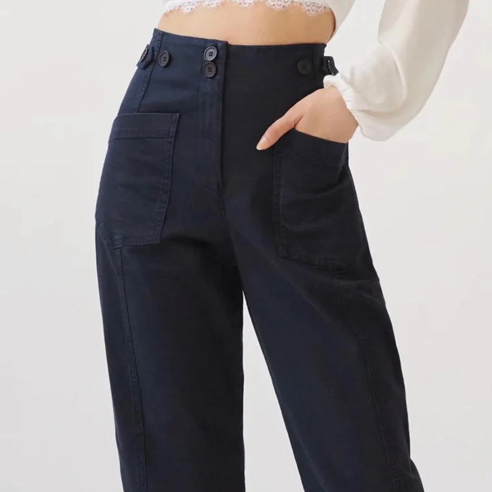 SOLD - Anthropologie Maeve High-Rise Slim Curved Sailor Pants in Navy Blue - Picture 4 of 14
